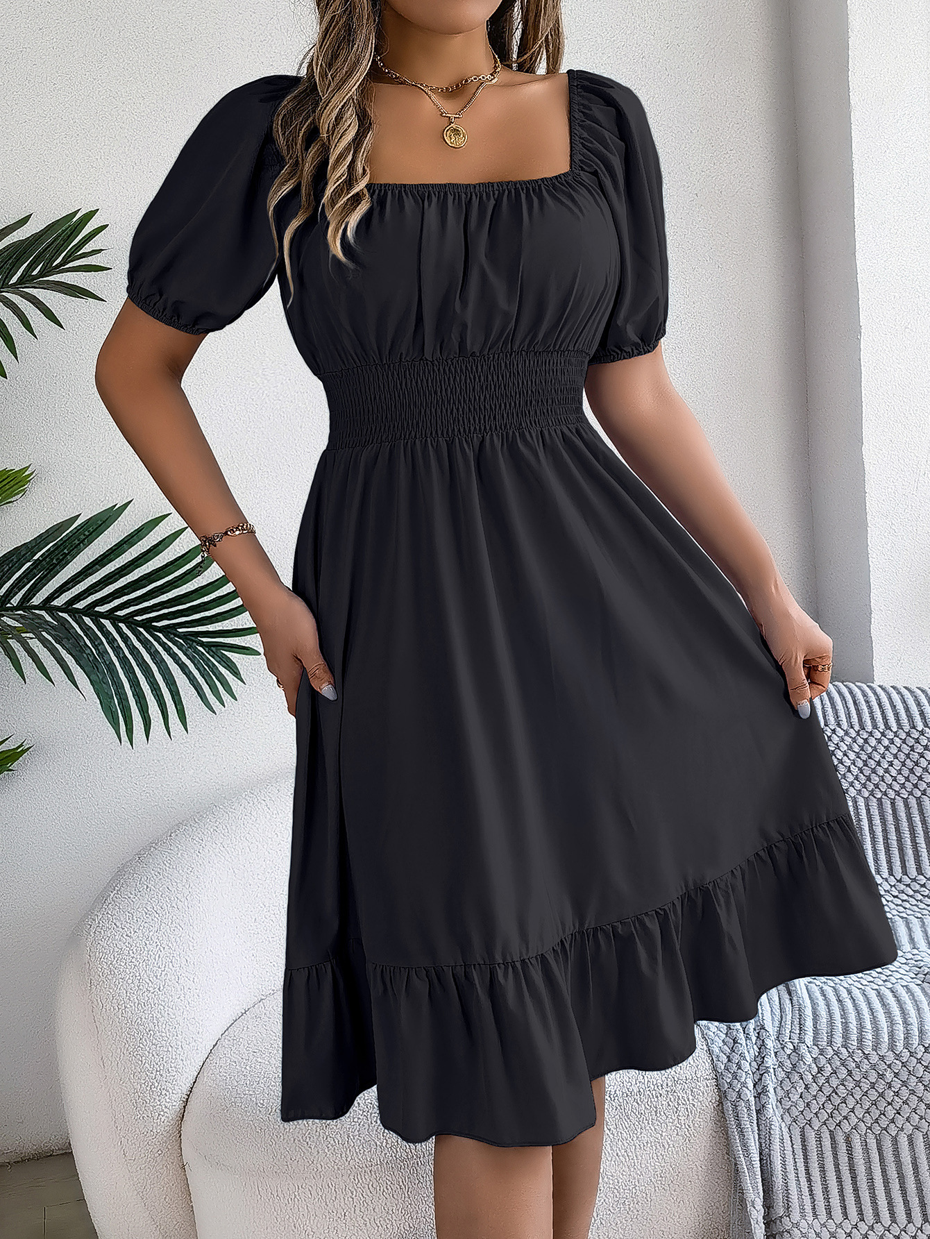 Casual Square-Neck, Short-Sleeve, Waist-Cinching A-Line Dress with Ruffles