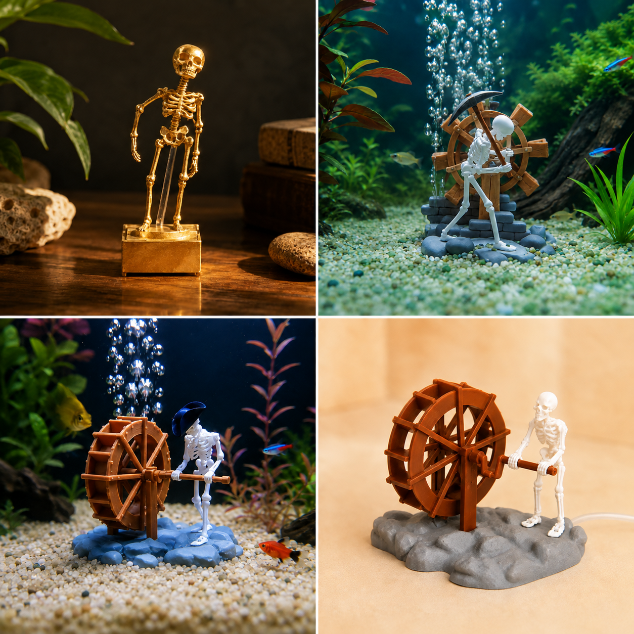 Animated Skeleton Waterwheel Aquarium Ornament with Bubble Aeration