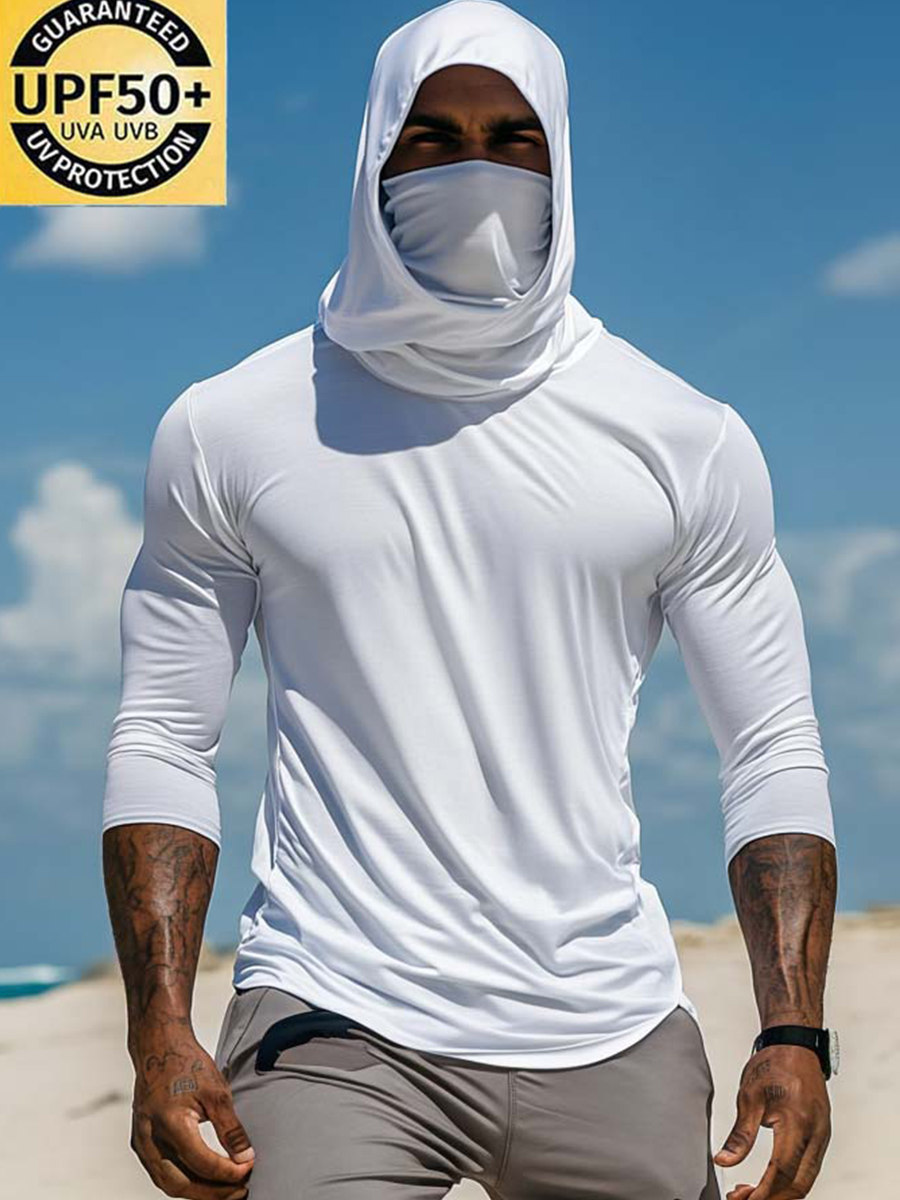 Men's UPF 50+ Sun Protection Hoodie with Built-in Face Mask - Solid Bright White Plain Minimalist - Quick-Drying High-Performance Sun Protection Hoodie