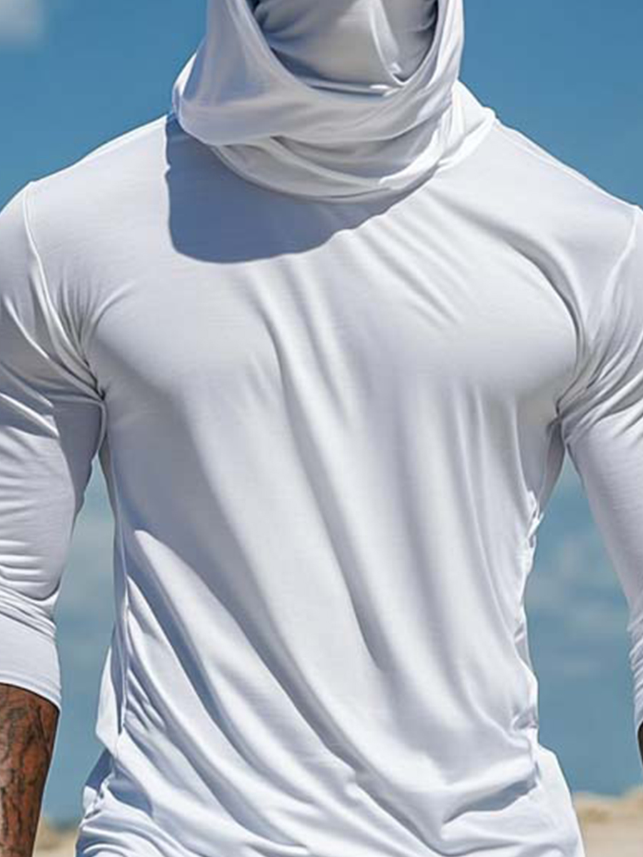 Men's UPF 50+ Sun Protection Hoodie with Built-in Face Mask - Solid Bright White Plain Minimalist - Quick-Drying High-Performance Sun Protection Hoodie