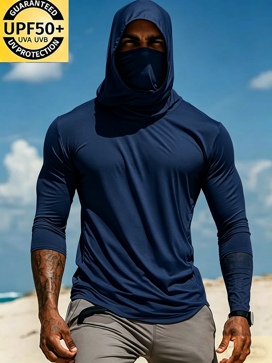 Men's UPF 50+ Sun Protection Hoodie with Built-in Face Mask - Solid Bright White Plain Minimalist - Quick-Drying High-Performance Sun Protection Hoodie