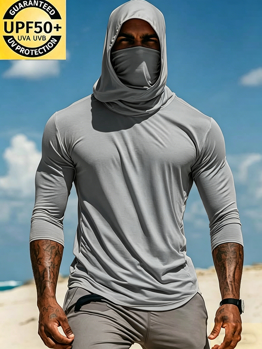 Men's UPF 50+ Sun Protection Hoodie with Built-in Face Mask - Solid Bright White Plain Minimalist - Quick-Drying High-Performance Sun Protection Hoodie