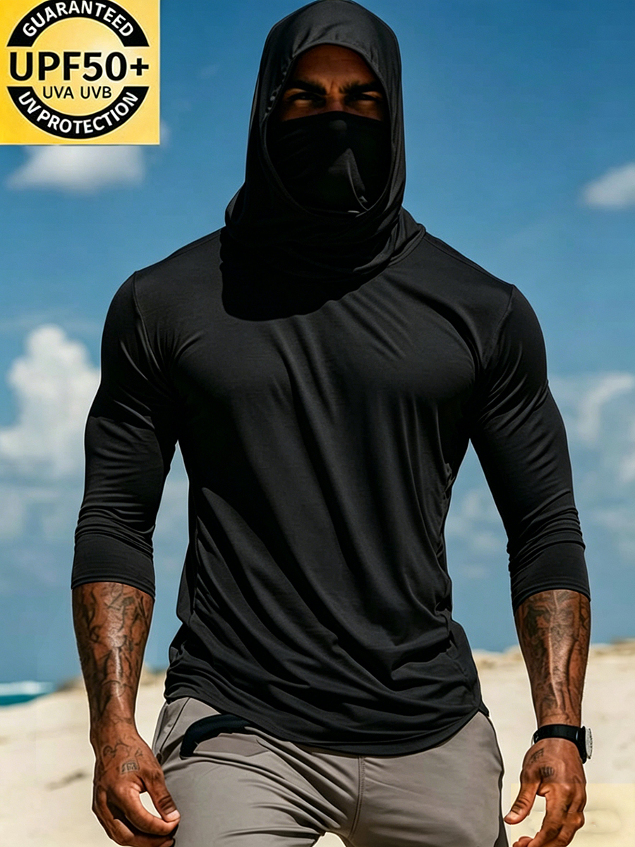 Men's UPF 50+ Sun Protection Hoodie with Built-in Face Mask - Solid Bright White Plain Minimalist - Quick-Drying High-Performance Sun Protection Hoodie