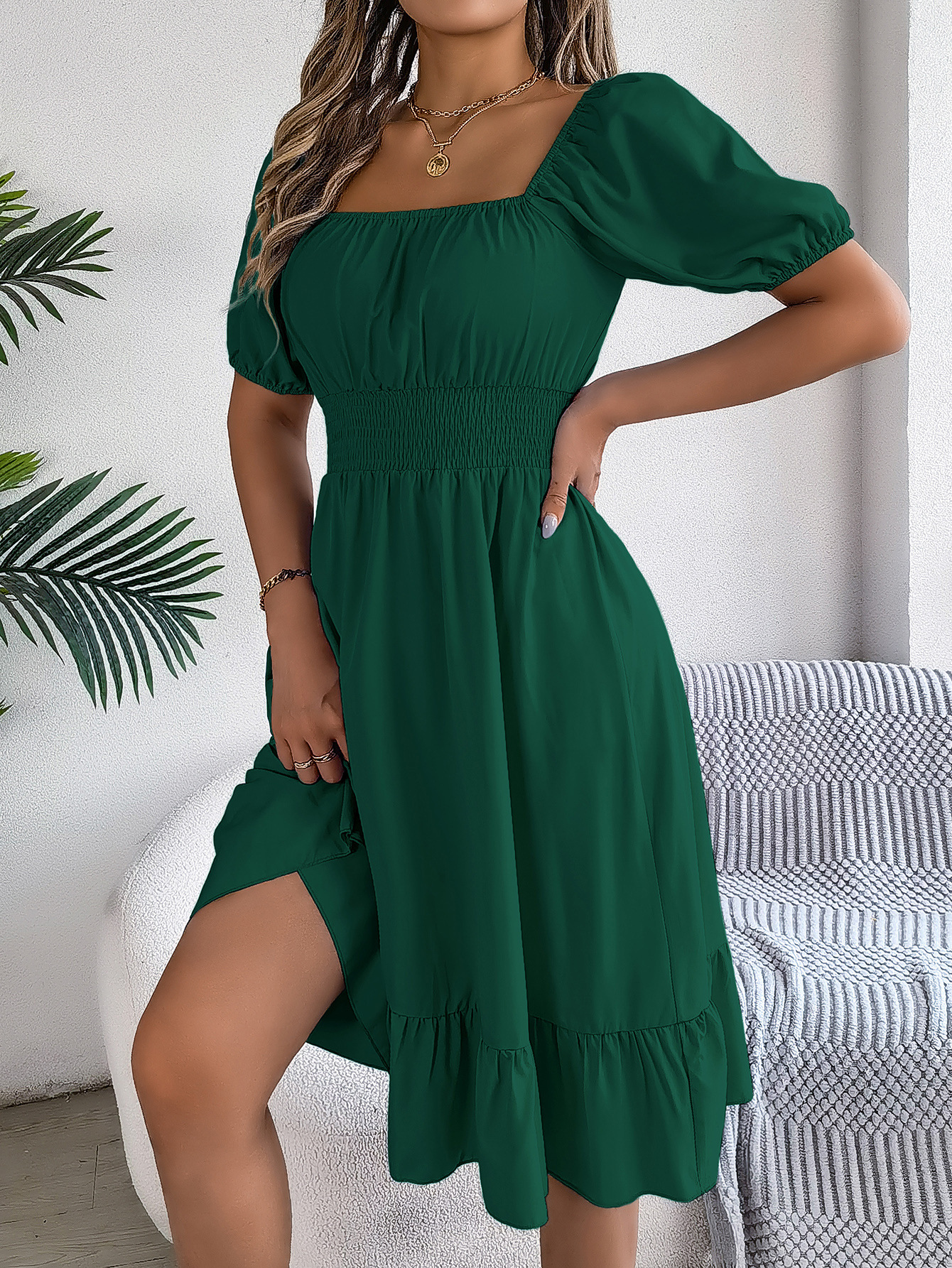 Casual Square-Neck, Short-Sleeve, Waist-Cinching A-Line Dress with Ruffles