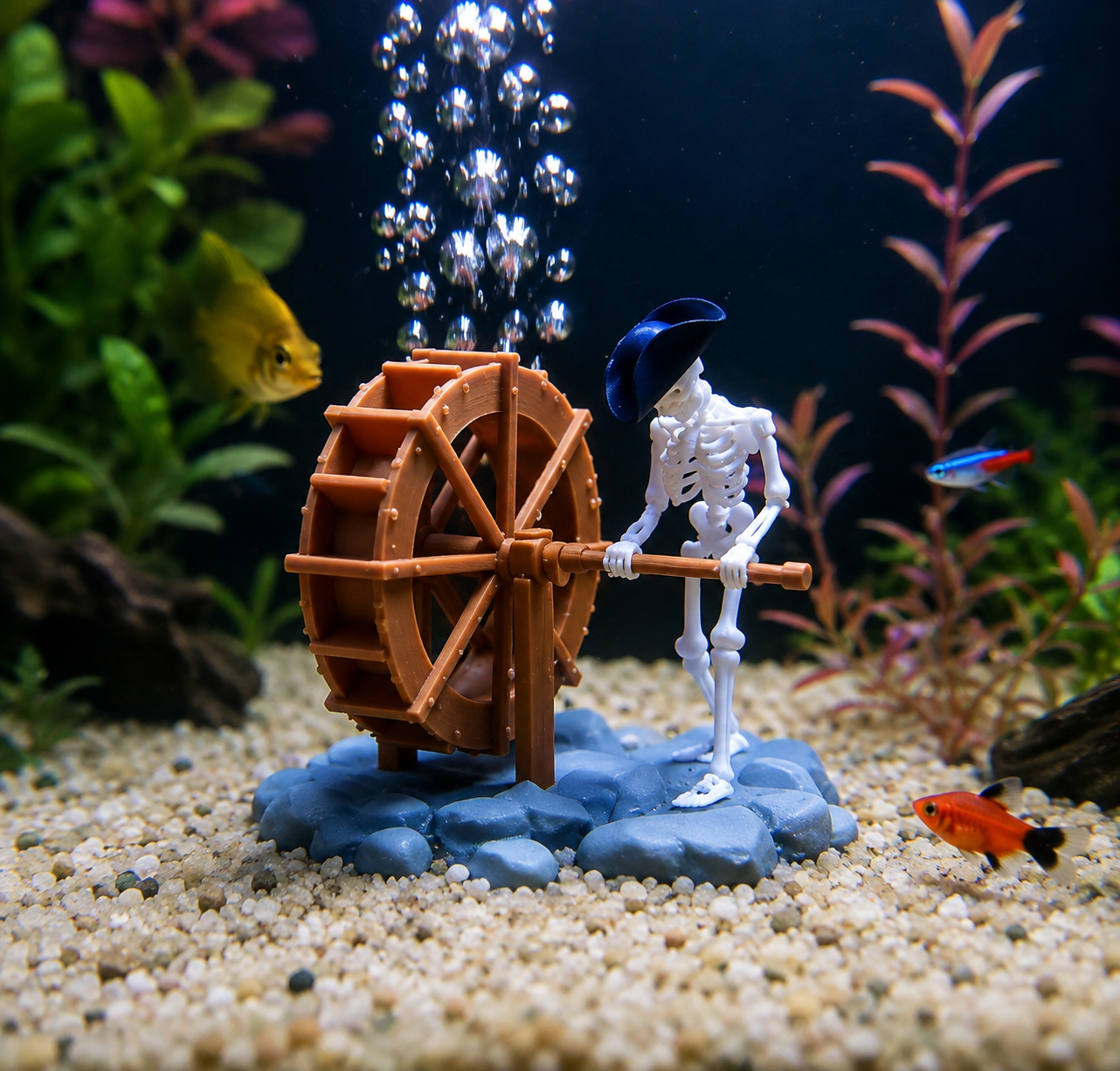 Animated Skeleton Waterwheel Aquarium Ornament with Bubble Aeration