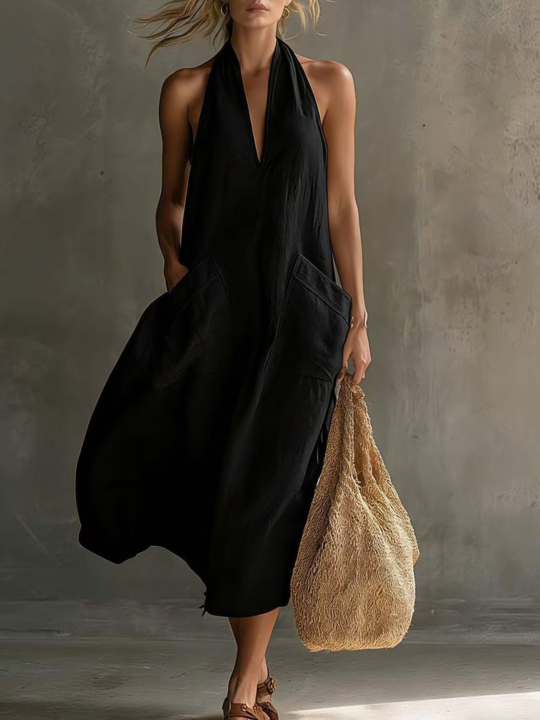 Women's Casual Halter V-Neck Midi Dress