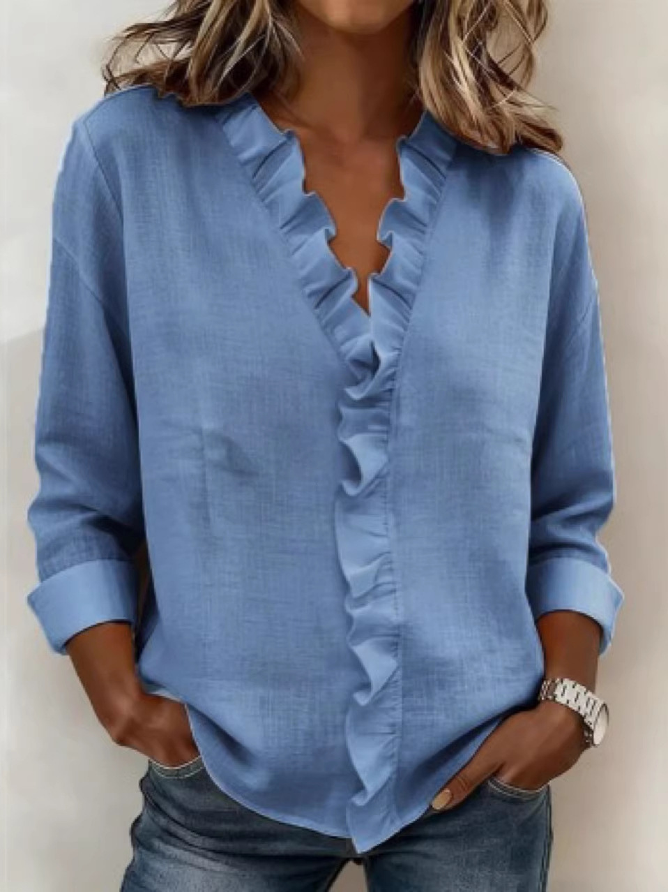 Blouse with Ruffles, V-Neck and Long Sleeves