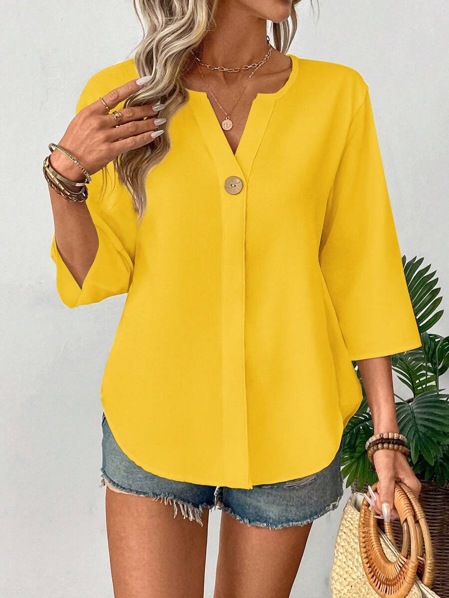 New women's summer loose solid color small V-neck casual shirt with buttons