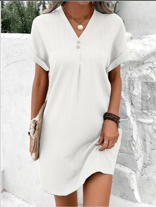 Comfortable & Casual Solid-Color V-Neck Pullover Dress with Buttons