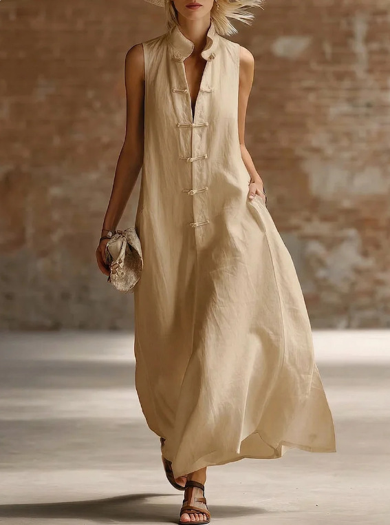 New Style Loose-Fit Linen-Cotton Maxi Dress with Stand Collar and Frog Closures