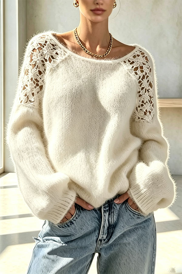 Faux Mink Knit Crochet Flowers Shoulder Wide Neck Long Sleeve Loose Sweater