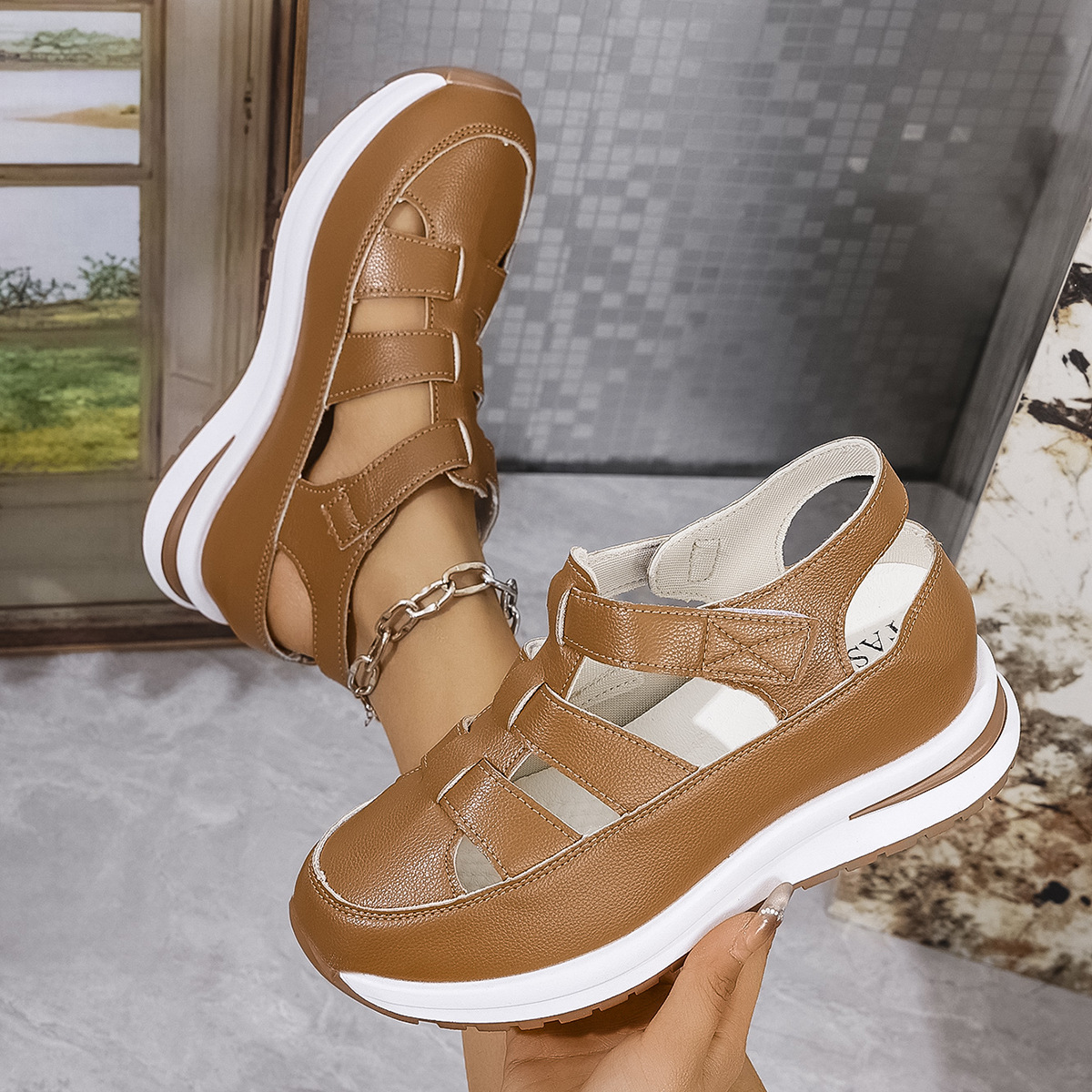 Womens Soft Sole Platform Sandals, Round Toe Comfortable Casual Walking Shoes, Hollow Wedge Breathable Sandals