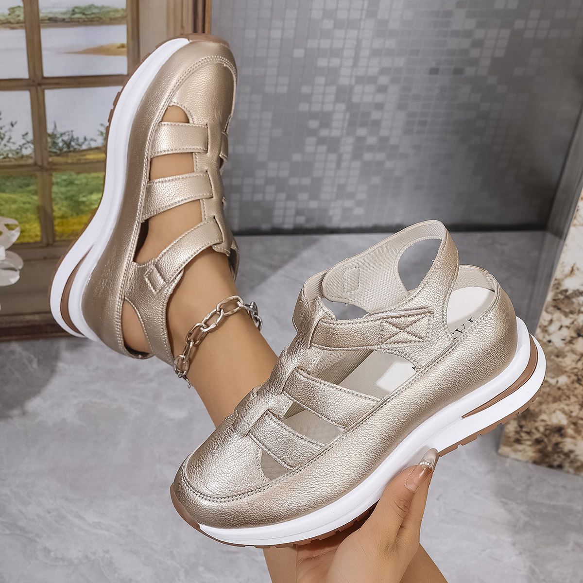 Womens Soft Sole Platform Sandals, Round Toe Comfortable Casual Walking Shoes, Hollow Wedge Breathable Sandals