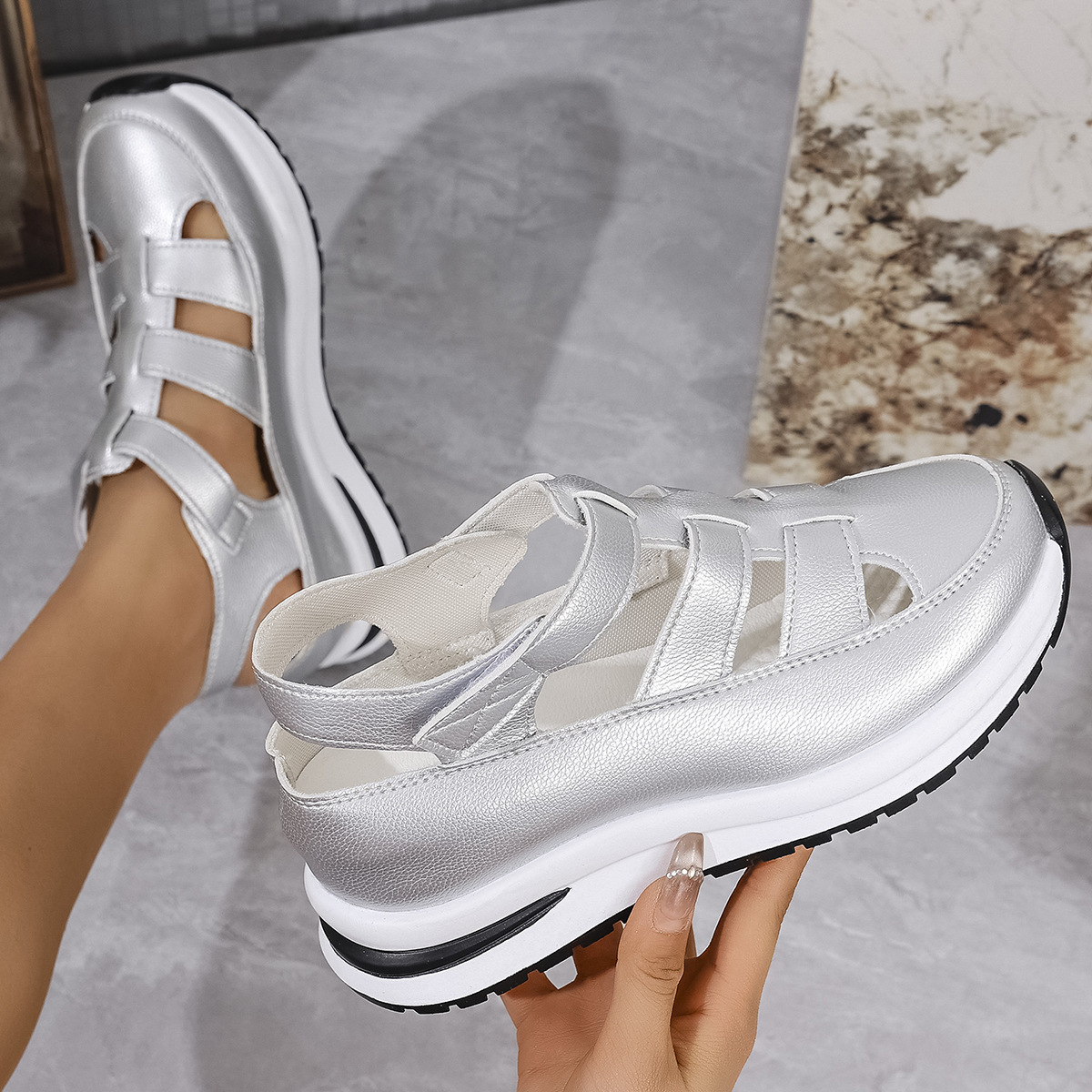 Womens Soft Sole Platform Sandals, Round Toe Comfortable Casual Walking Shoes, Hollow Wedge Breathable Sandals