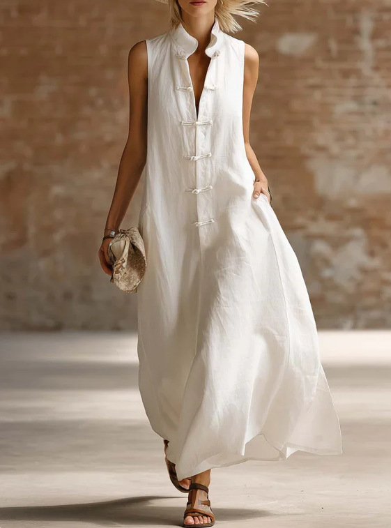 New Style Loose-Fit Linen-Cotton Maxi Dress with Stand Collar and Frog Closures