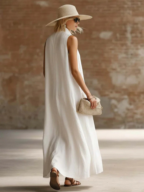 New Style Loose-Fit Linen-Cotton Maxi Dress with Stand Collar and Frog Closures