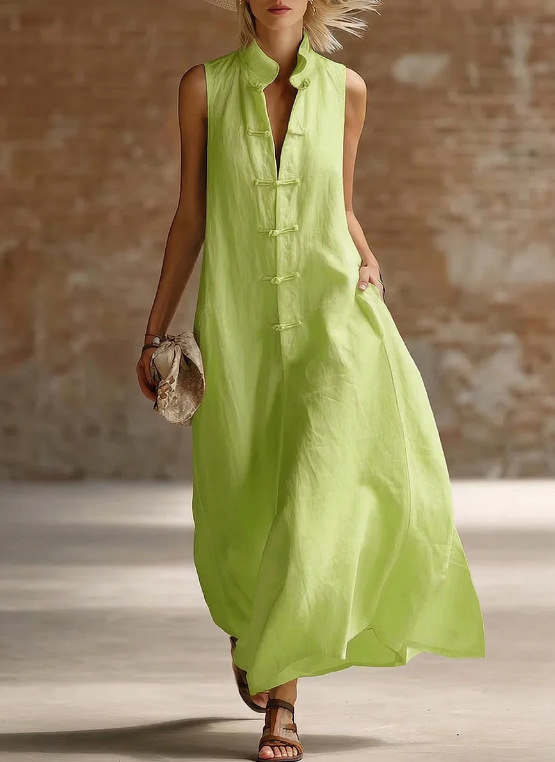 New Style Loose-Fit Linen-Cotton Maxi Dress with Stand Collar and Frog Closures