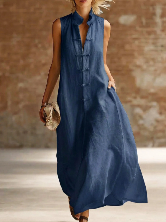 New Style Loose-Fit Linen-Cotton Maxi Dress with Stand Collar and Frog Closures