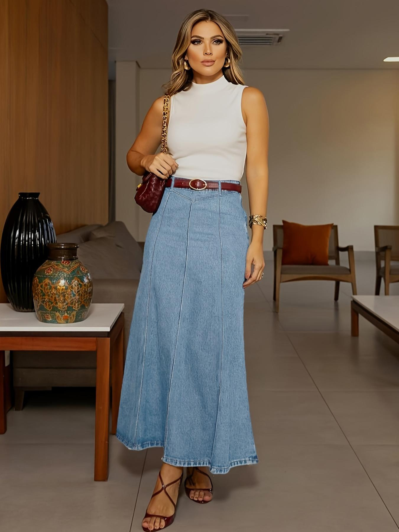 Women's High-Waist A-Line Denim Maxi Skirt