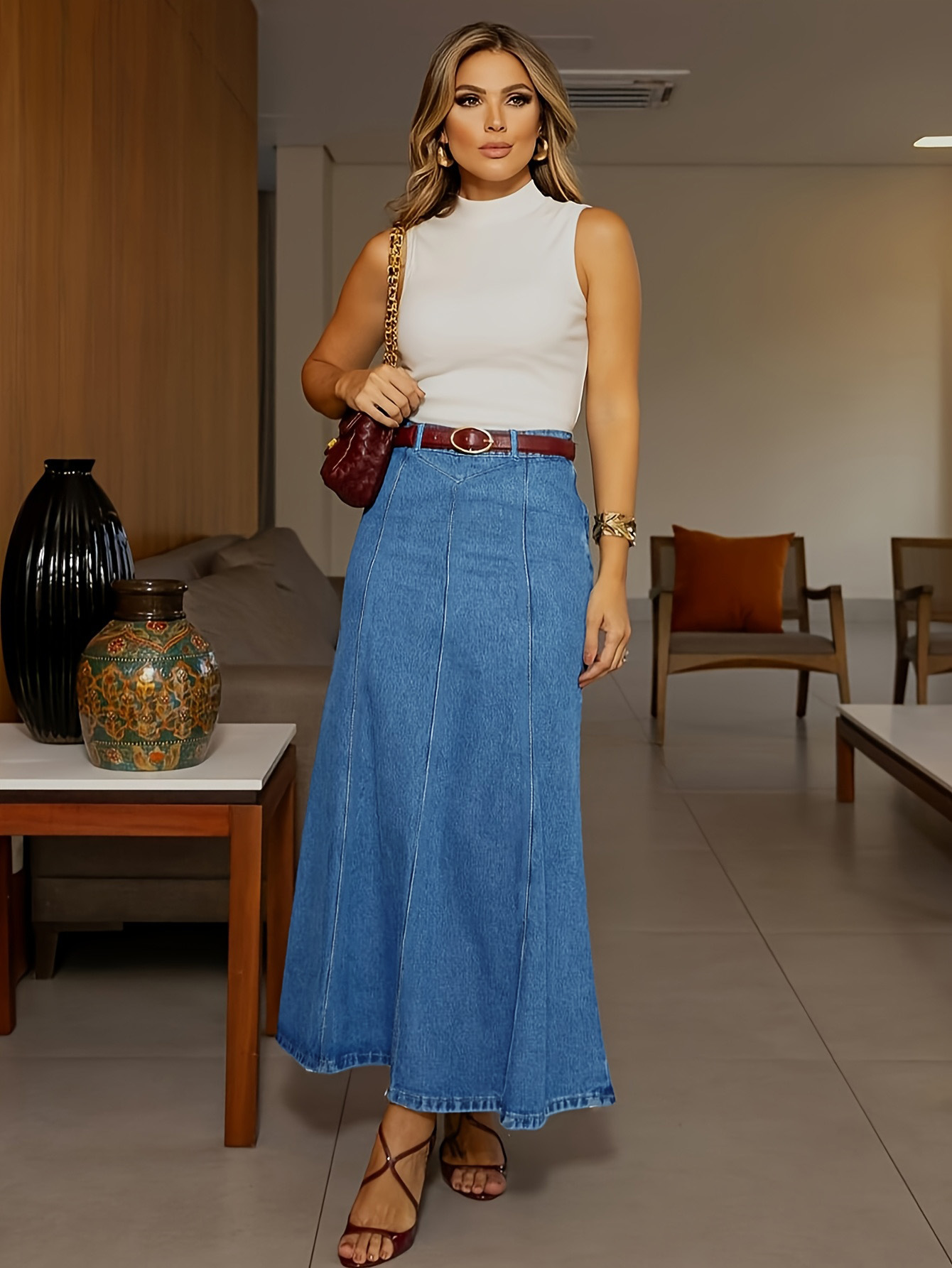 Women's High-Waist A-Line Denim Maxi Skirt