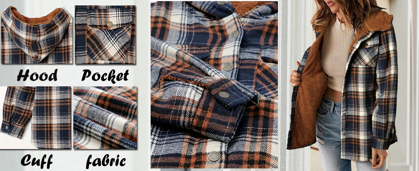 Womens Plaid Shacket Jacket Long Sleeve Button Down Fleece Hooded Jackets Warm Coat