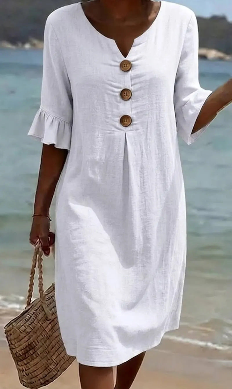 Vestido mujer algodón lino verano – vestido suelto con botones