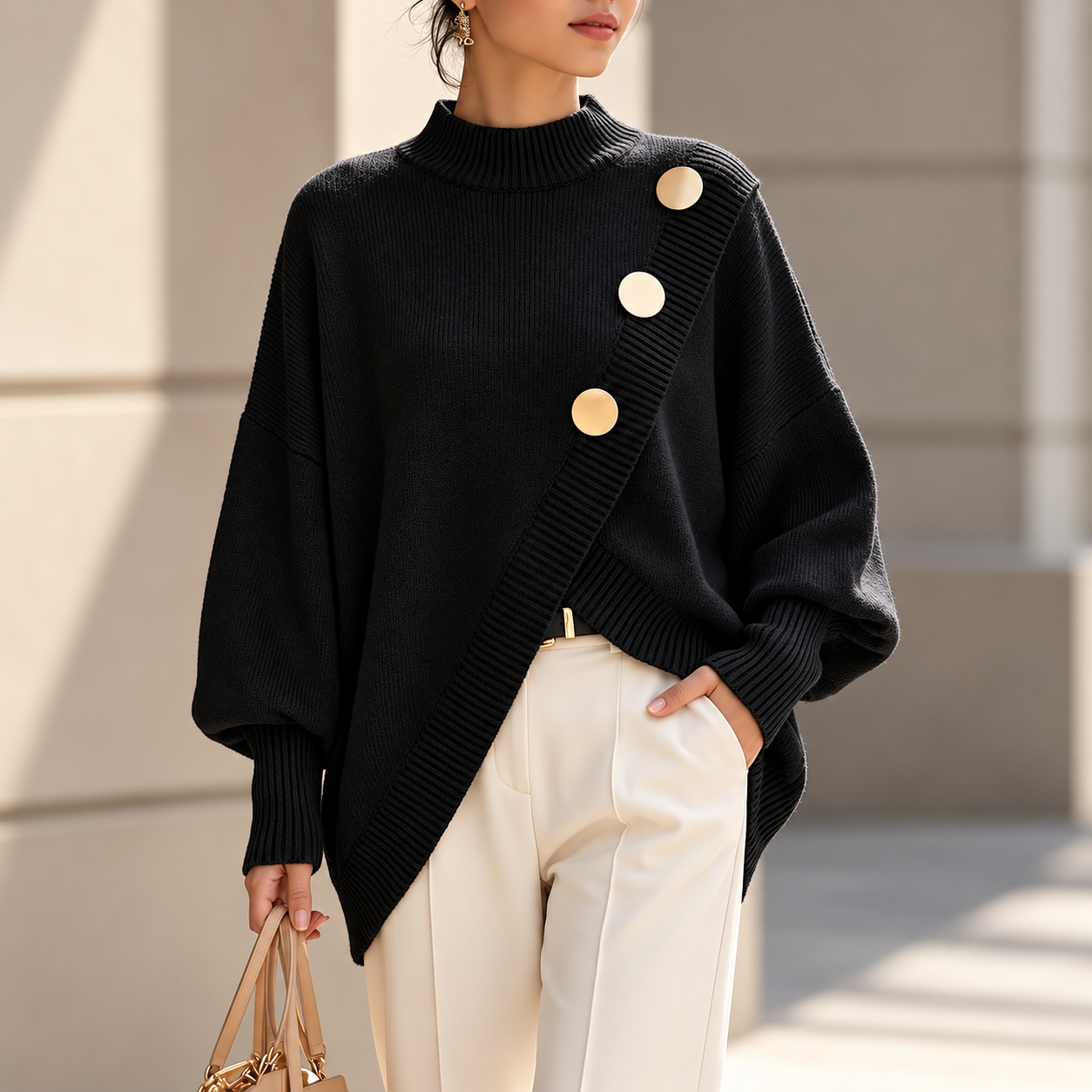Wearbella Asymmetric Wrap Front Sweater – Elegant Lantern Sleeve Knit Top