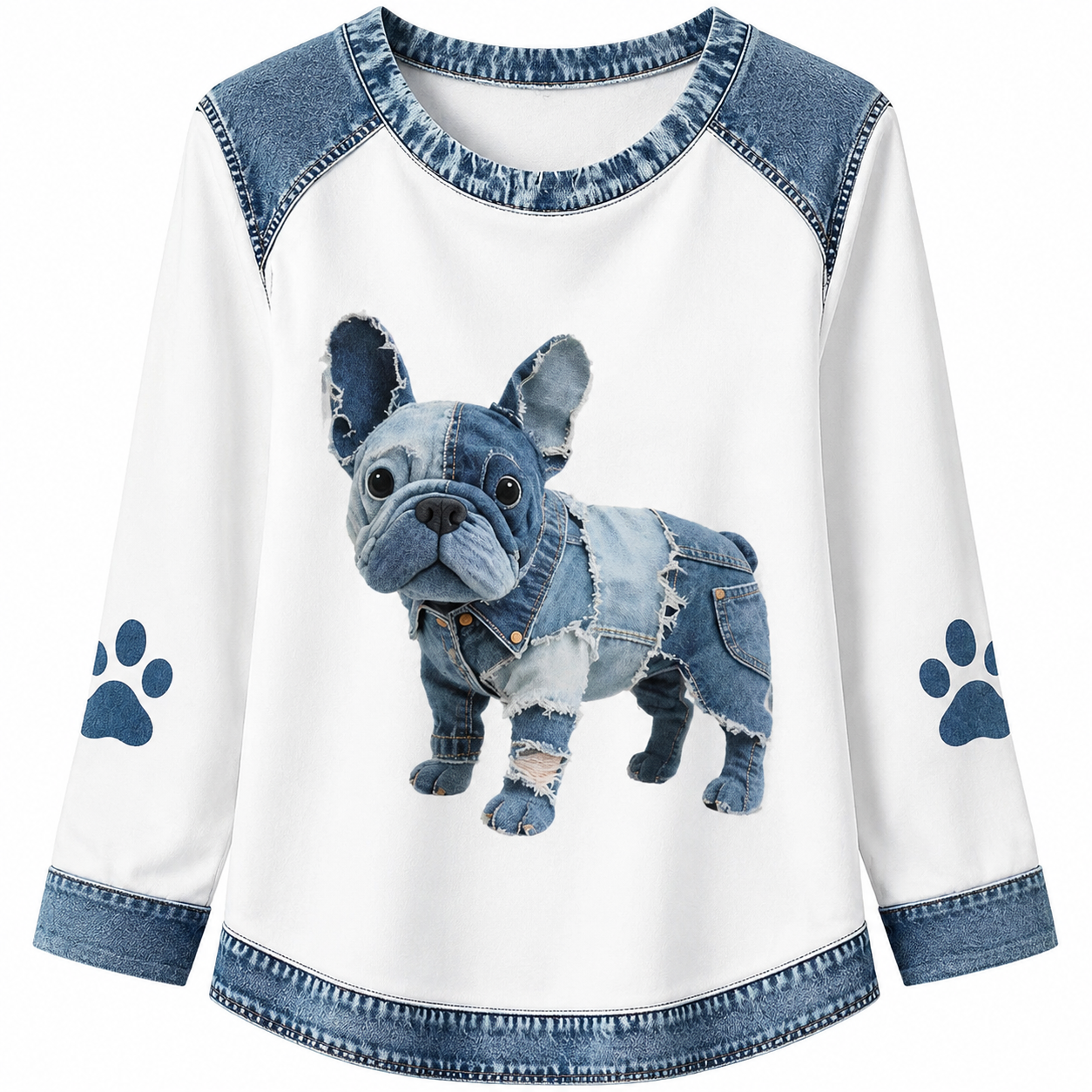 Women's Denim Patchwork Art Dachshund Dog Pattern V-neck Long Sleeve T-Shirt(These are all animals that Lily has helped❤️Buy 2 Get 10% OFF & Free Shipping🔥)