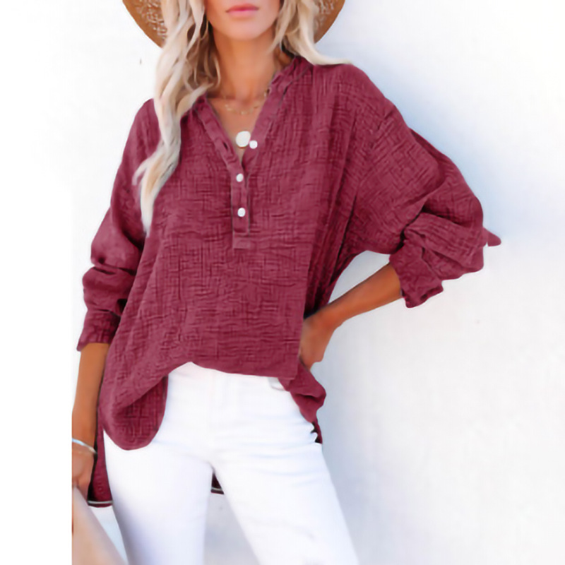 Womens Henley Shirts Casual Lightweight Sexy Button V-Neck Blouses Long Sleeve Loose Fitted Solid Color Tops