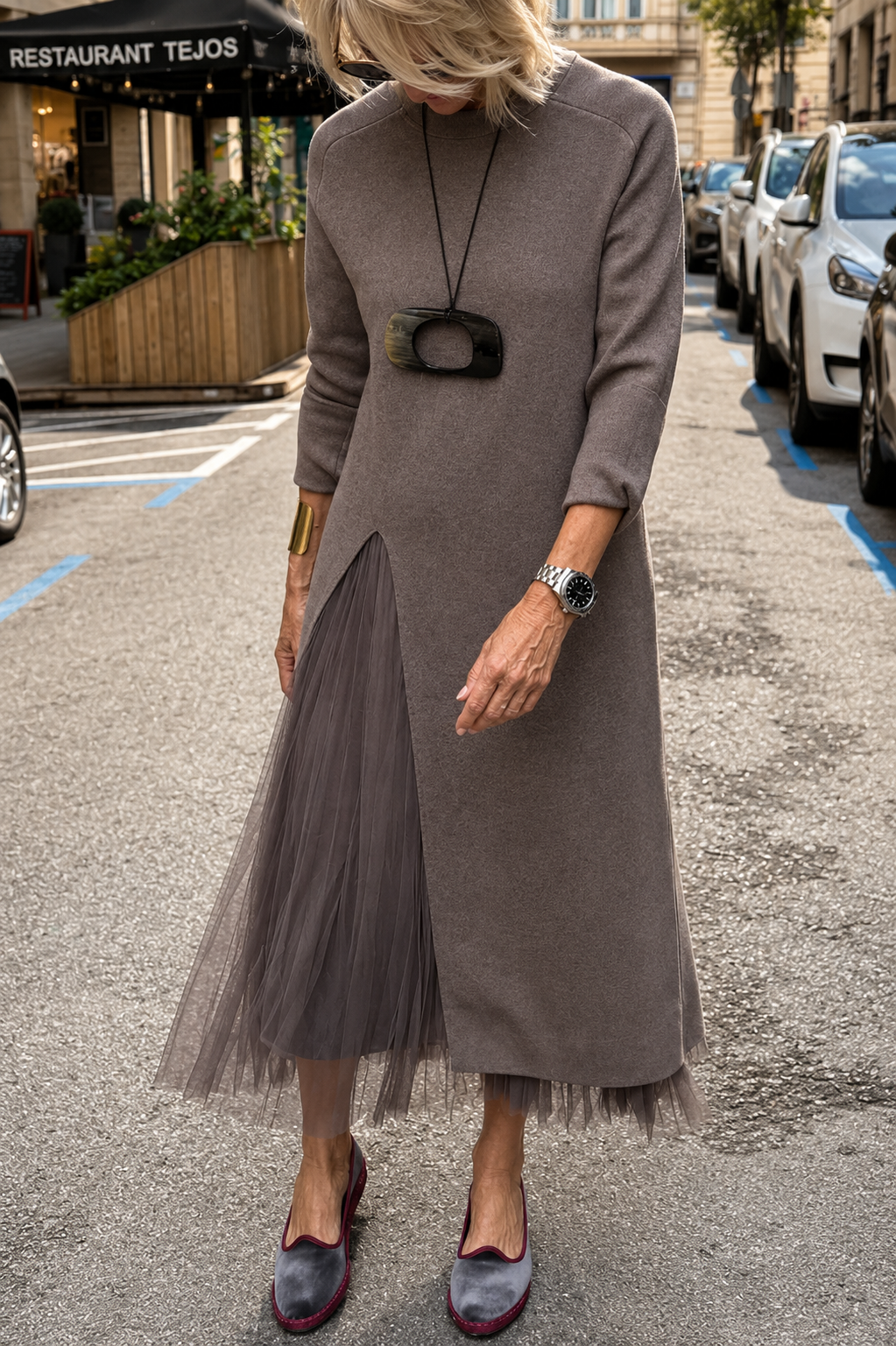 Jollie Knit Long Sleeve Front Slit Midi Sweater and Pleated Tulle Stretch Tank Midi Dress Two-piece