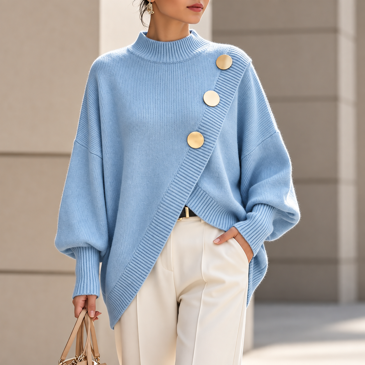 Wearbella Asymmetric Wrap Front Sweater – Elegant Lantern Sleeve Knit Top