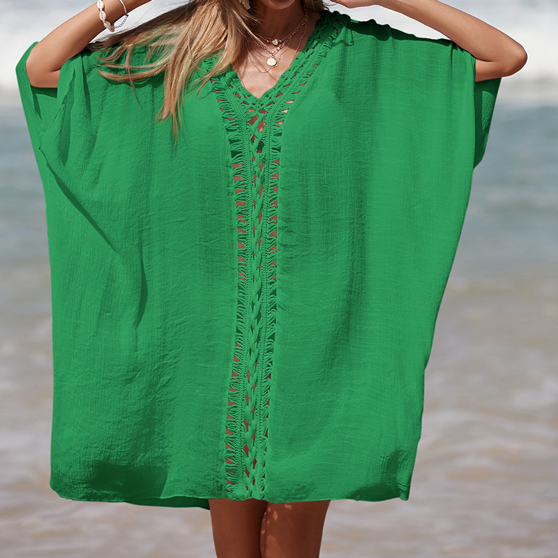 Hand-Crocheted Patchwork V-Neck Solid-Color Loose-Fit Breathable Sun-Protection Mid-Length Beach Cover-up