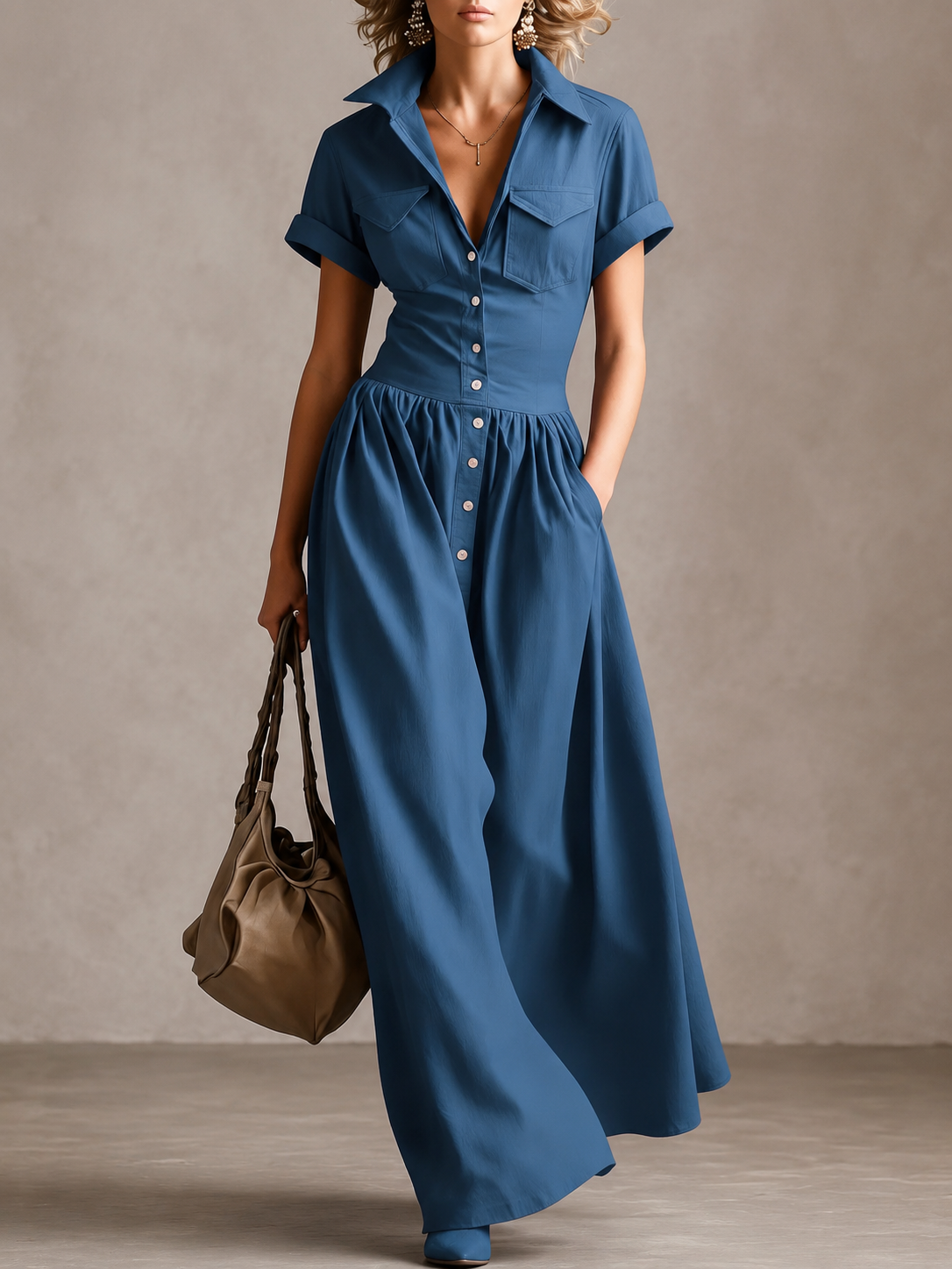 Women’s Woven Button-Down Collared Maxi Dress