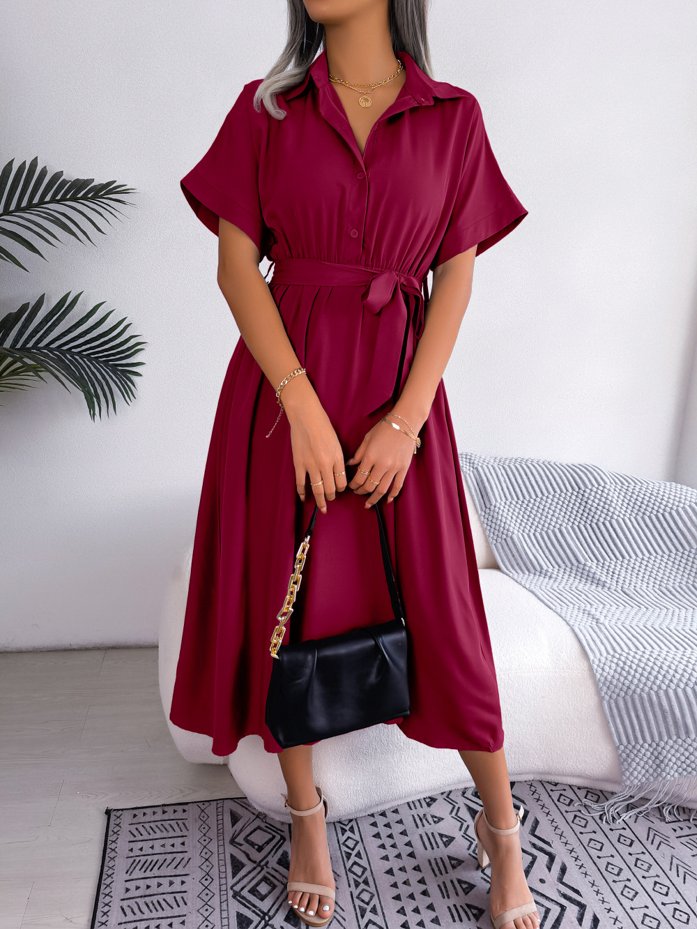 Short Sleeve Collared Tie Belt Dress