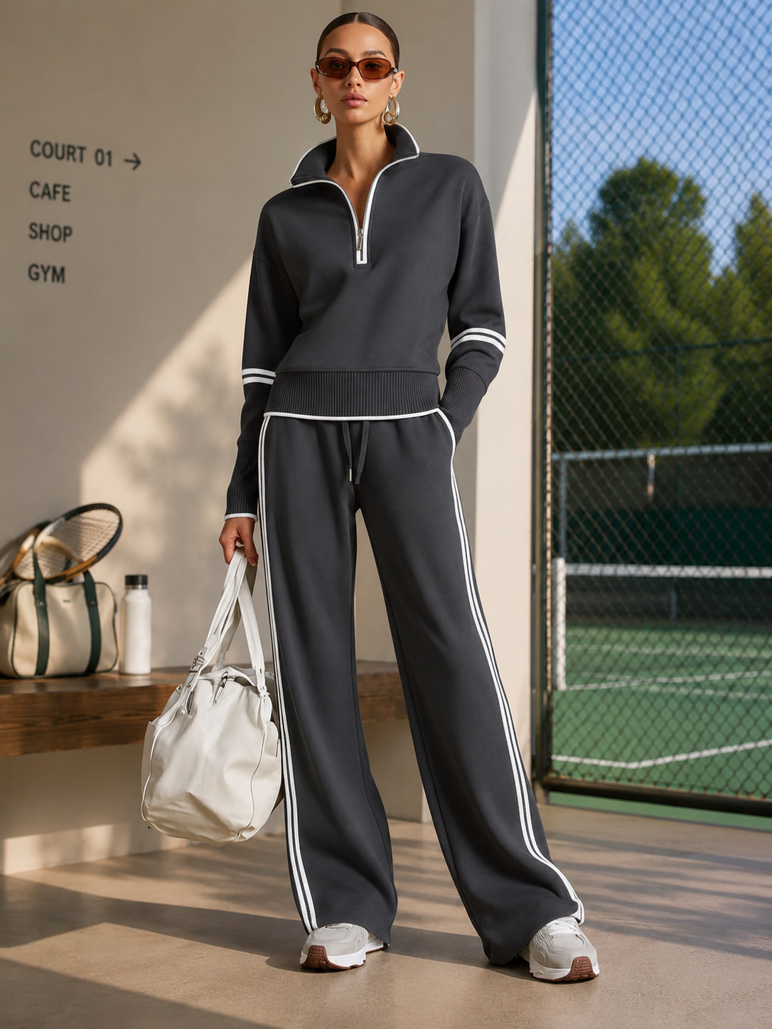 Retro Sporty Webbing Grey-white Half-zip Sweatshirt And Wide-leg Pants Set