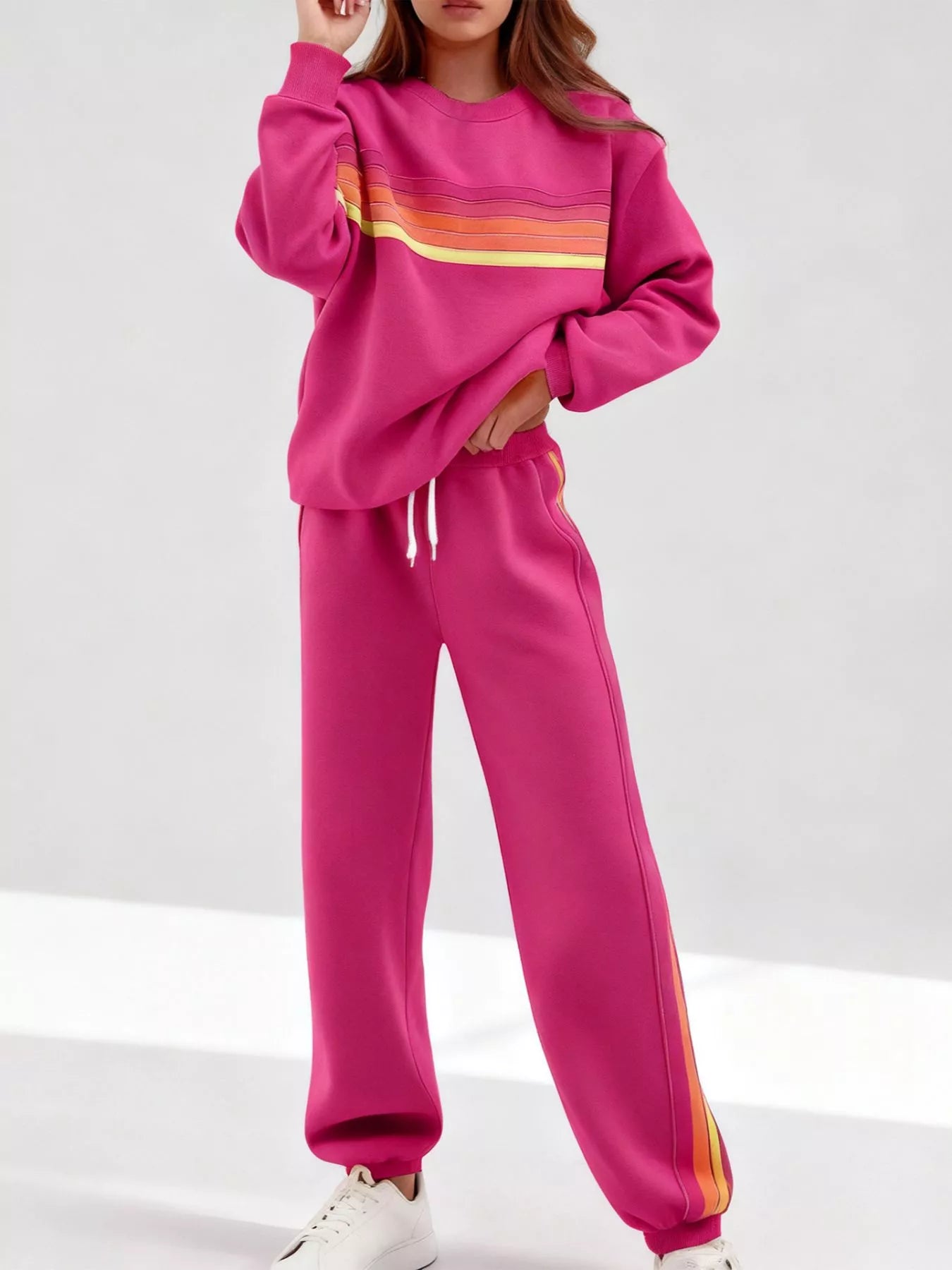 Blueberi B Striped Round Neck Sweatshirt and Pants Set - Cotton Blend - Available in S-2XL
