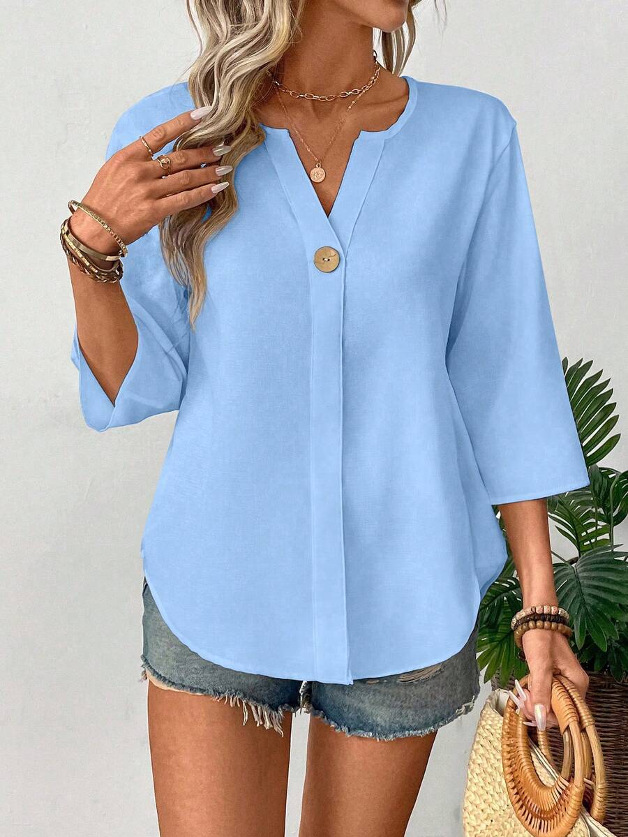 New women's summer loose solid color small V-neck casual shirt with buttons
