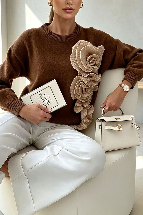 Casual Knit Three-dimensional Floral Pattern Round Neck Long Sleeve Sweater