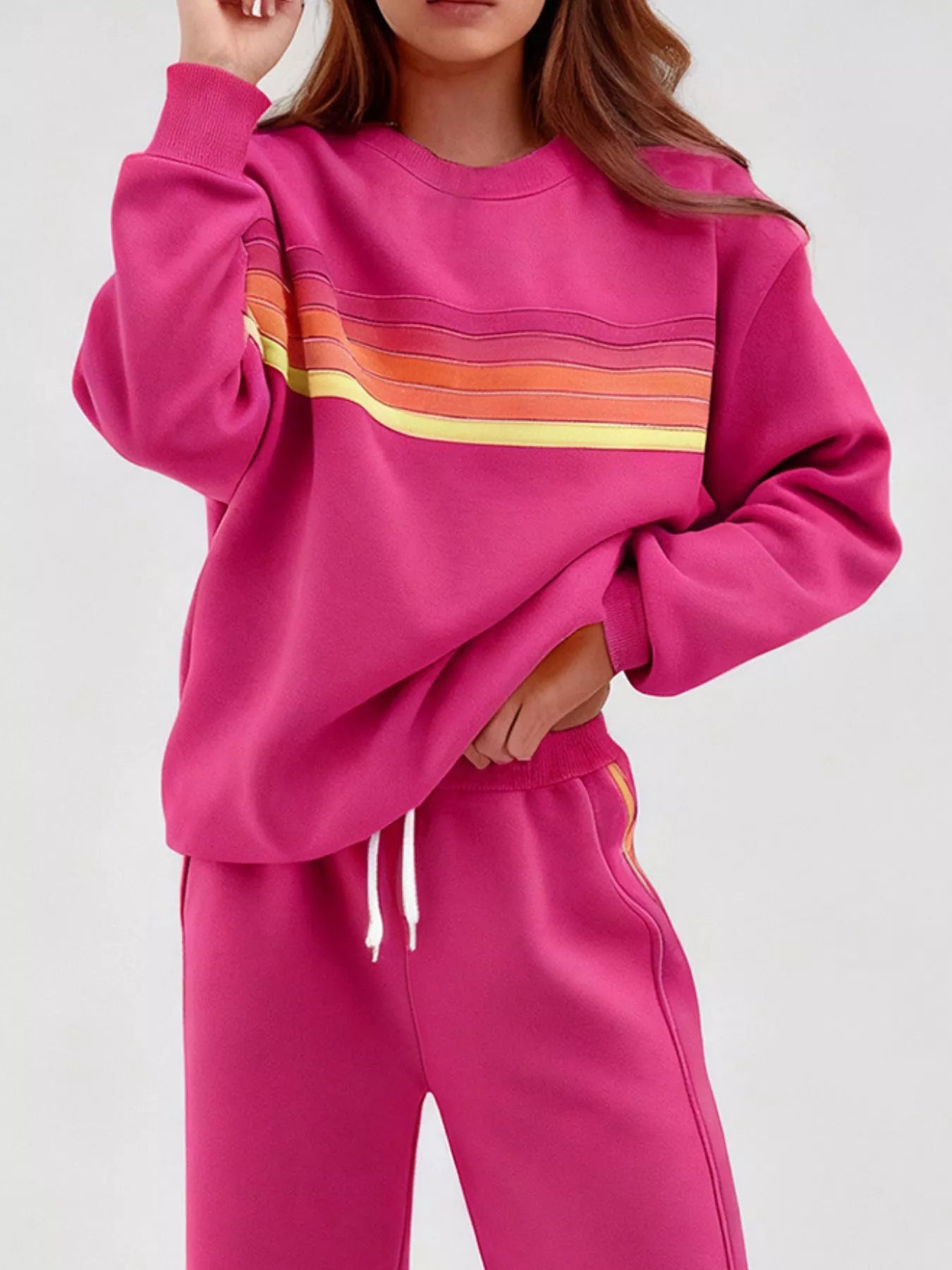 Blueberi B Striped Round Neck Sweatshirt and Pants Set - Cotton Blend - Available in S-2XL