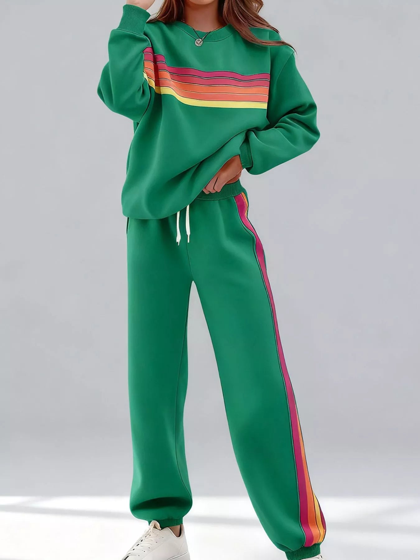 Blueberi B Striped Round Neck Sweatshirt and Pants Set - Cotton Blend - Available in S-2XL