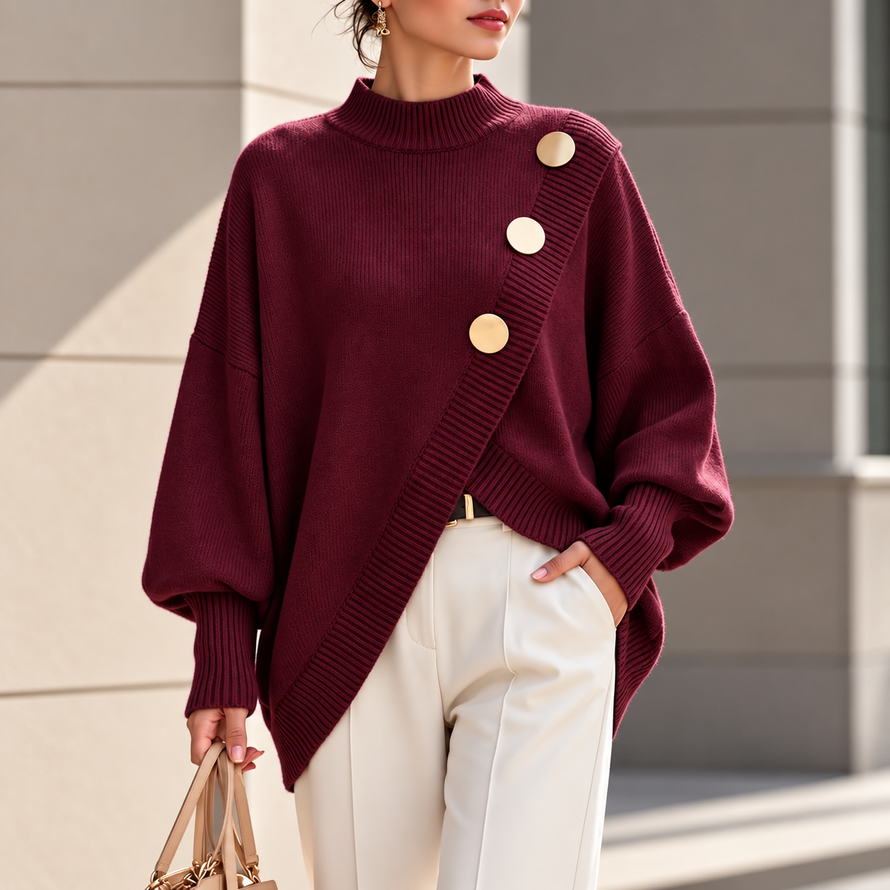 Wearbella Asymmetric Wrap Front Sweater – Elegant Lantern Sleeve Knit Top