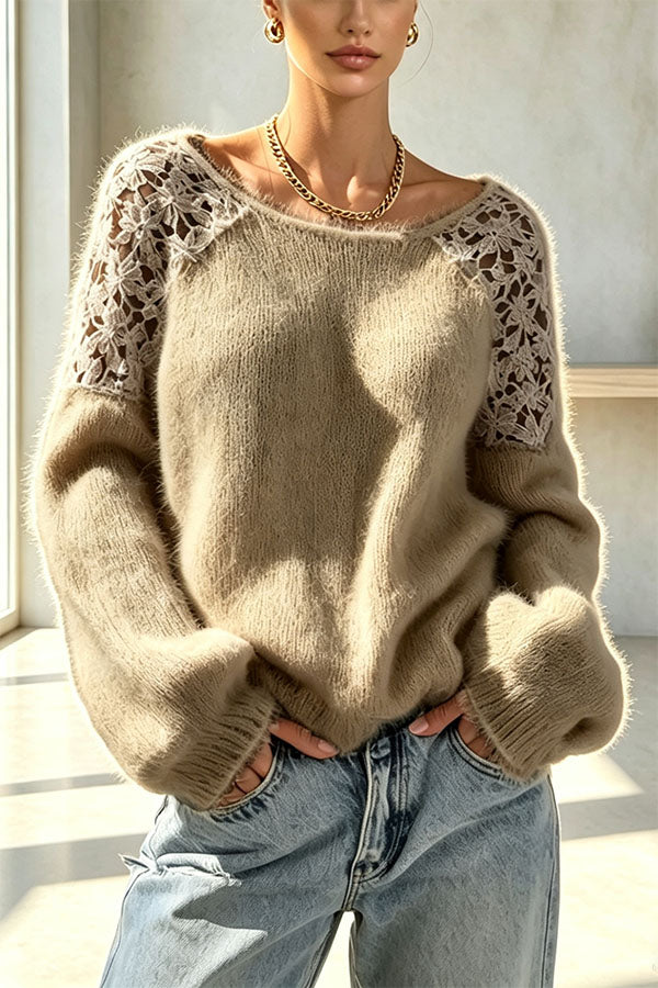 Faux Mink Knit Crochet Flowers Shoulder Wide Neck Long Sleeve Loose Sweater