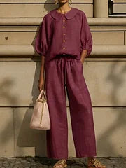 🎁New Arrivals 50% OFF🔥Stylish Peter Pan Collar Shirt And Wide-leg Pant Linen Two-piece Set