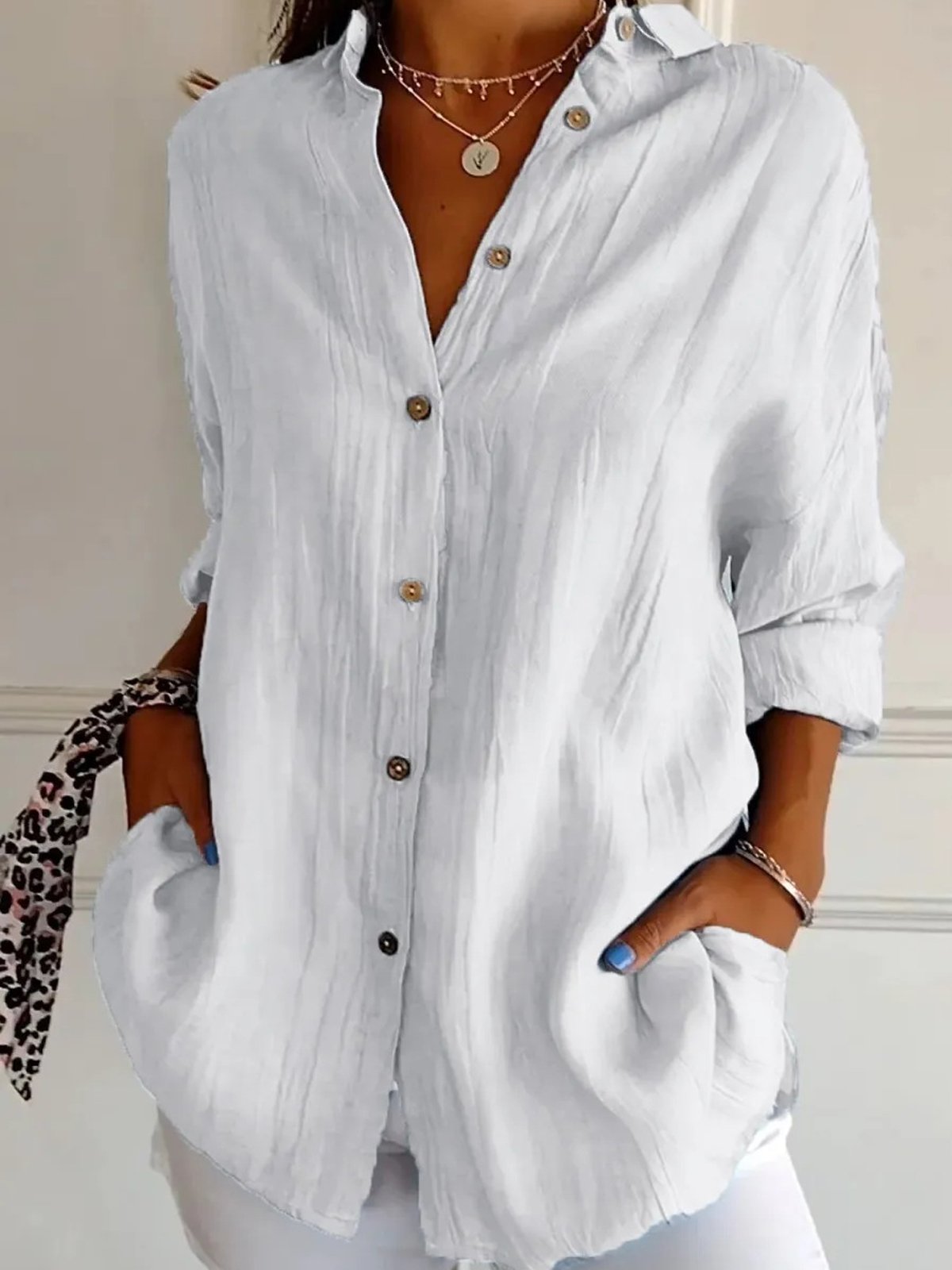 Women's Best-Selling Solid-Color Shirt: Single-Breasted, Pleated, Lapel Collar, Roll-Up Sleeves