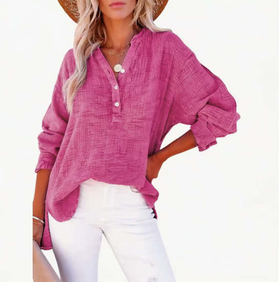 Womens Henley Shirts Casual Lightweight Sexy Button V-Neck Blouses Long Sleeve Loose Fitted Solid Color Tops