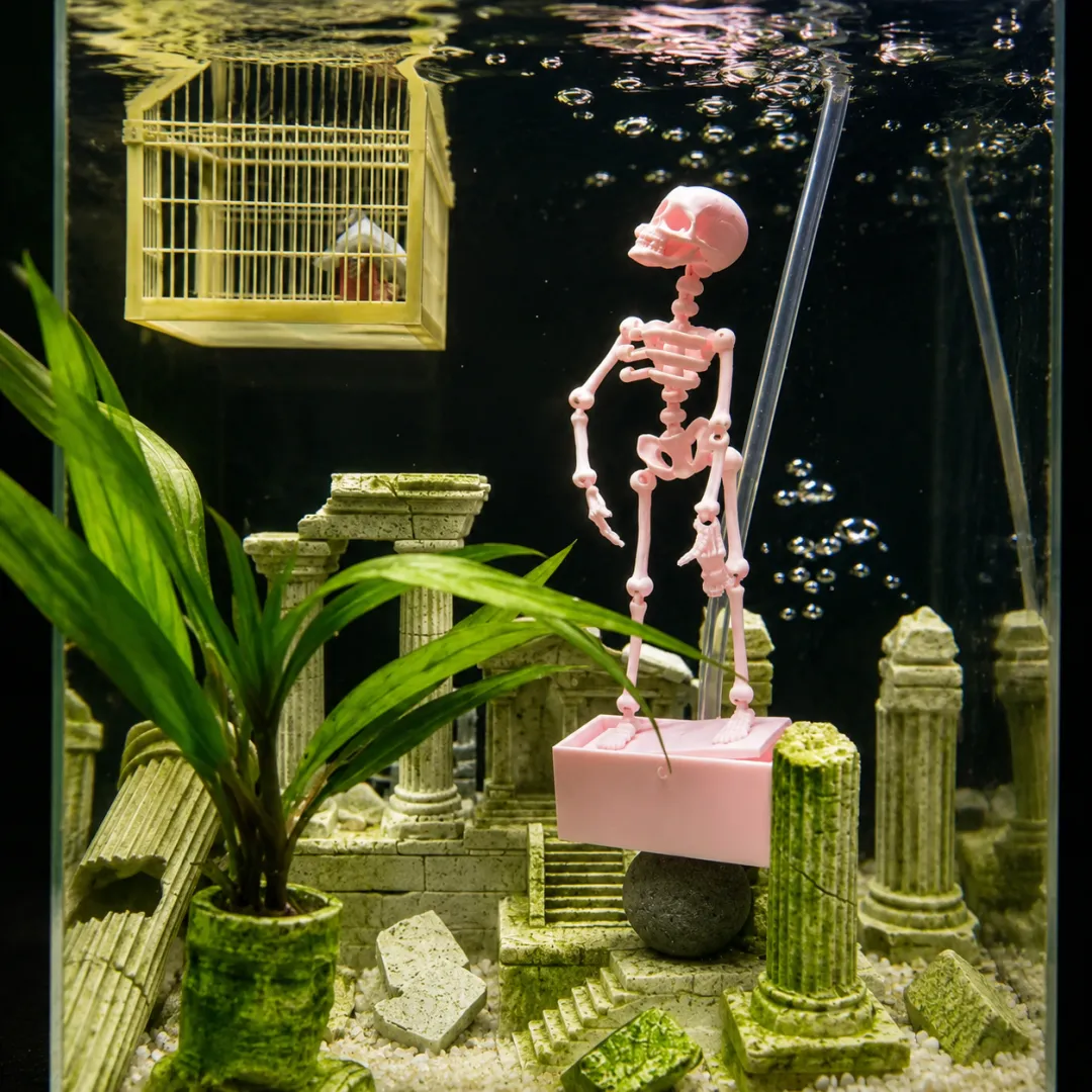 Animated Skeleton Waterwheel Aquarium Ornament with Bubble Aeration