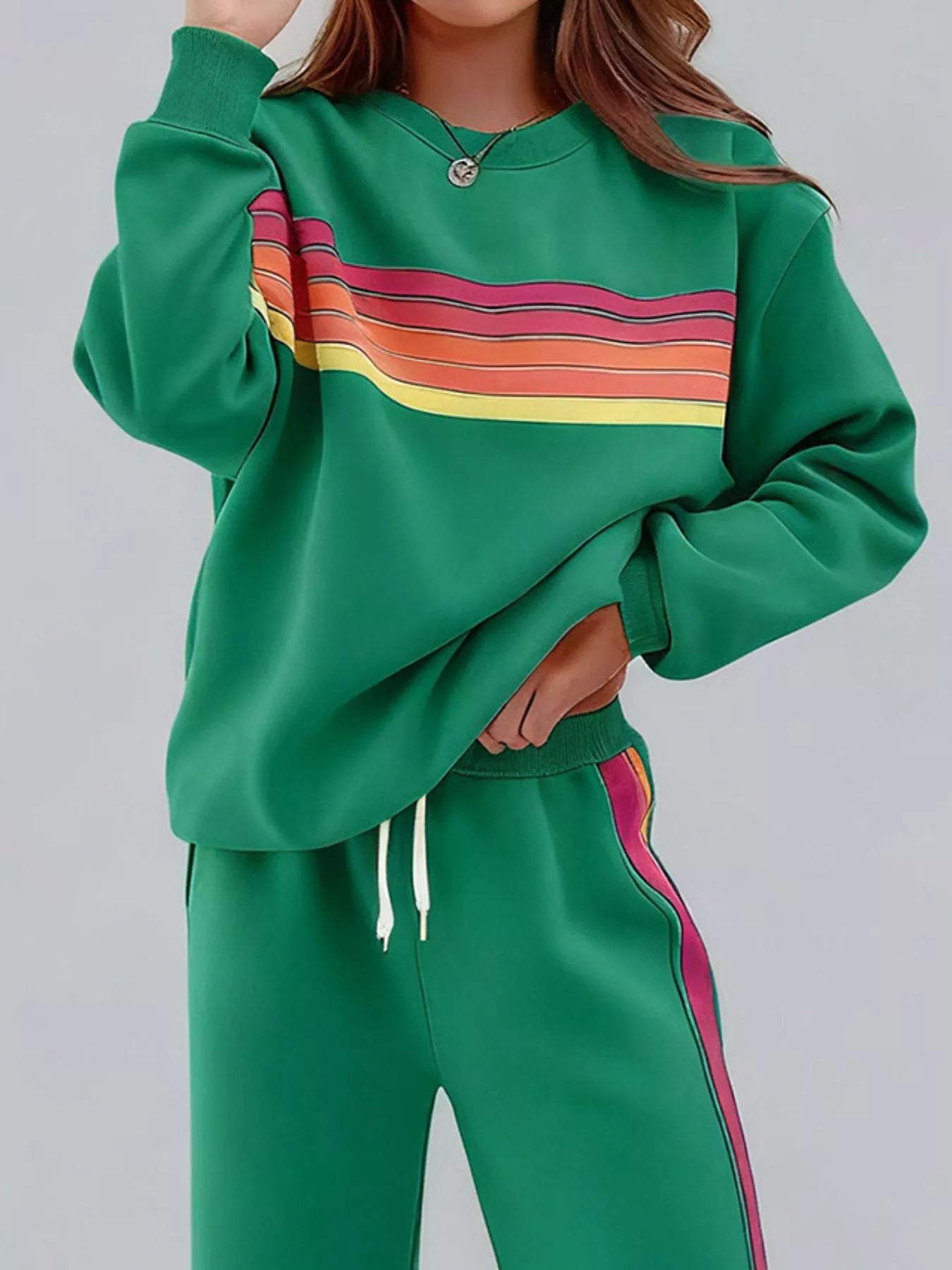 Blueberi B Striped Round Neck Sweatshirt and Pants Set - Cotton Blend - Available in S-2XL