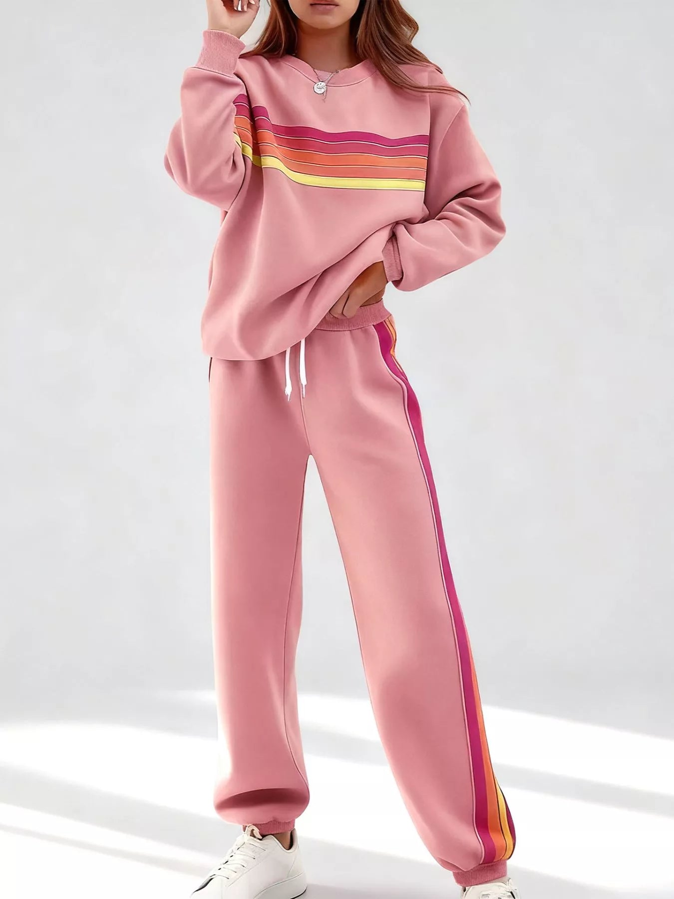 Blueberi B Striped Round Neck Sweatshirt and Pants Set - Cotton Blend - Available in S-2XL