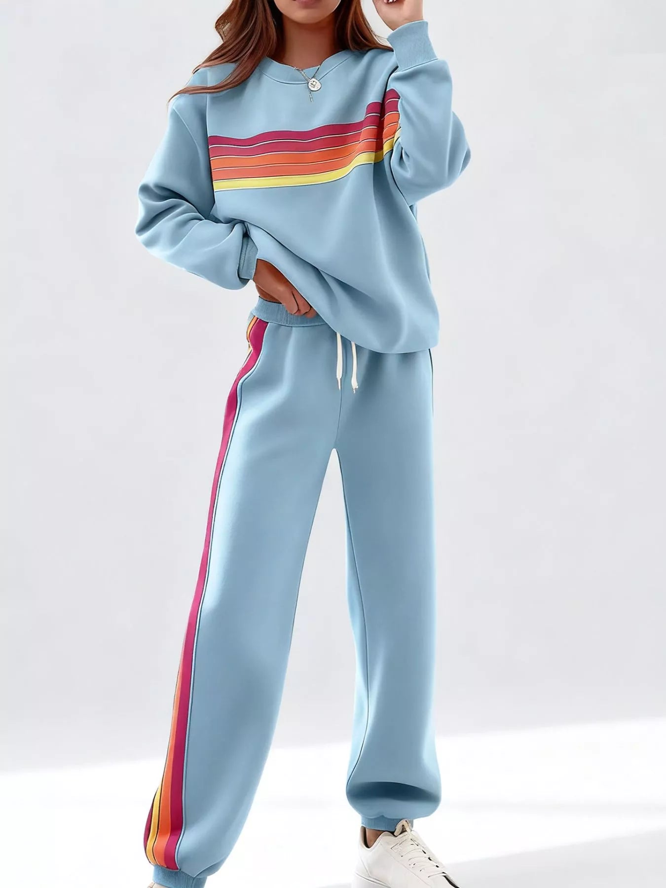 Blueberi B Striped Round Neck Sweatshirt and Pants Set - Cotton Blend - Available in S-2XL