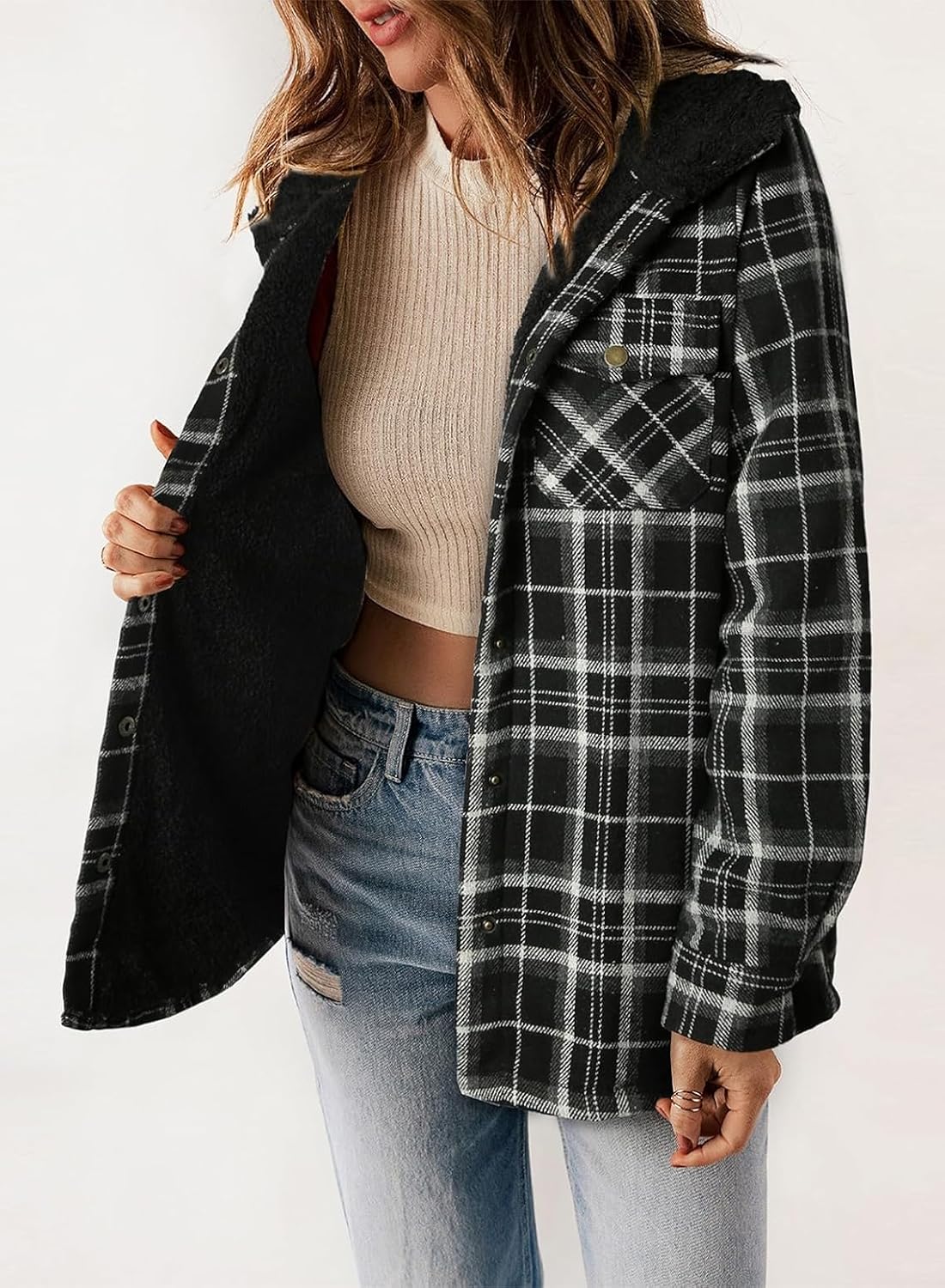 Womens Plaid Shacket Jacket Long Sleeve Fleece Hooded Jackets